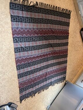 Tumi Gray and Burgundy Patterned Fringe Throw